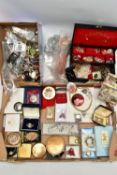 A BOX OF ASSORTED COSTUME JEWELLERY AND A JEWELLERY BOX, to include various leaf style pendant
