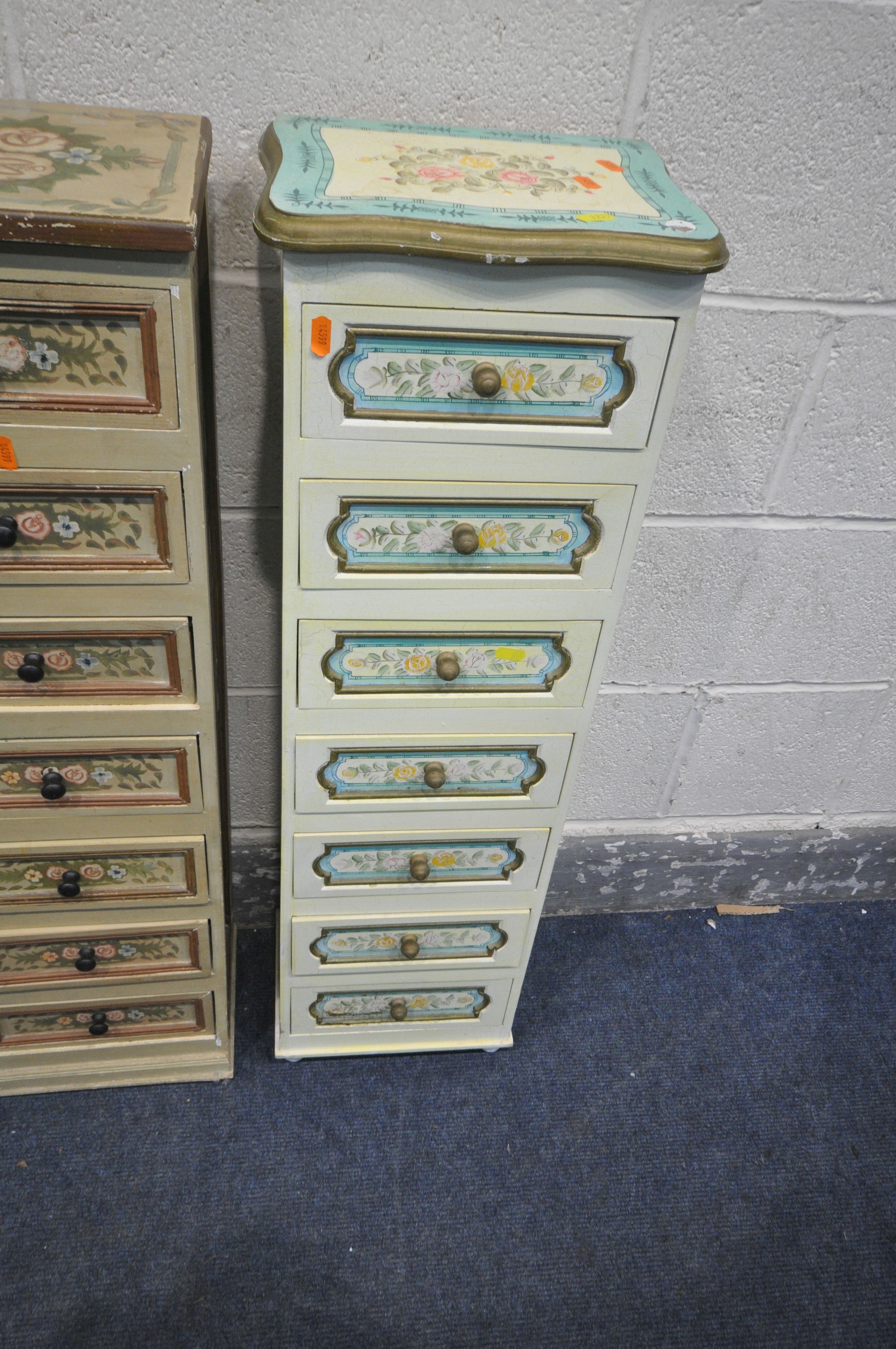 THREE FLORALLY PAINTED TALL SLIM CHEST OF SEVEN DRAWERS, width 28cm x depth 22cm x height 97cm ( - Image 4 of 5