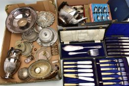 A BOX OF ASSORTED WHITE METAL WARE AND CASED CUTLERY SETS, to include an EPNS teapot, a white