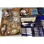 A BOX OF ASSORTED WHITE METAL WARE AND CASED CUTLERY SETS, to include an EPNS teapot, a white