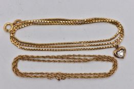 TWO 9CT GOLD CHAINS AND YELLOW METAL PENDANT, the first a 9ct gold fine rope chain, fitted with a