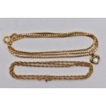 TWO 9CT GOLD CHAINS AND YELLOW METAL PENDANT, the first a 9ct gold fine rope chain, fitted with a