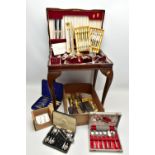 A BOX OF CASED CUTLERY SETS AND A FREE STANDING CANTEEN, to include a cased set of fish eaters