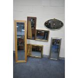 A SELECTION OF MIRRORS, to include a lightwood cheval mirror, a brass oval wall mirror, a teak