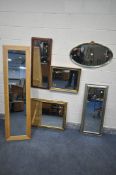 A SELECTION OF MIRRORS, to include a lightwood cheval mirror, a brass oval wall mirror, a teak