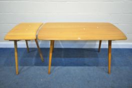 AN ERCOL ELM AND BEECH DINING TABLE. with a model 265 extension table, length of table 138cm x depth