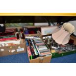 FIVE BOXES OF BOOKS, CDS, DVDS AND KITCHEN EQUIPMENT, to include a Russell Hobbs 'Chelsea Teamaker',