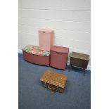 TWO PINK PAINTED LLOYD LOOM LINEN BASKETS/OTTOMANS, another wicker linen basket, an oak sewing box