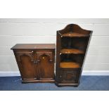 AN OAK TWO DOOR CD CABINET, and an oak open corner unit above a single cupboard door (condition:-