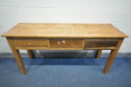 A PINE SIDE TABLE, with three drawers, on square legs, length 167cm x depth 57cm x height 82cm (
