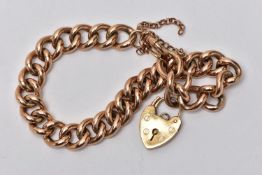 A 9CT GOLD PADLOCK CLASP AND ROSE METAL BRACELET, a 9ct yellow gold heart padlock clasp,