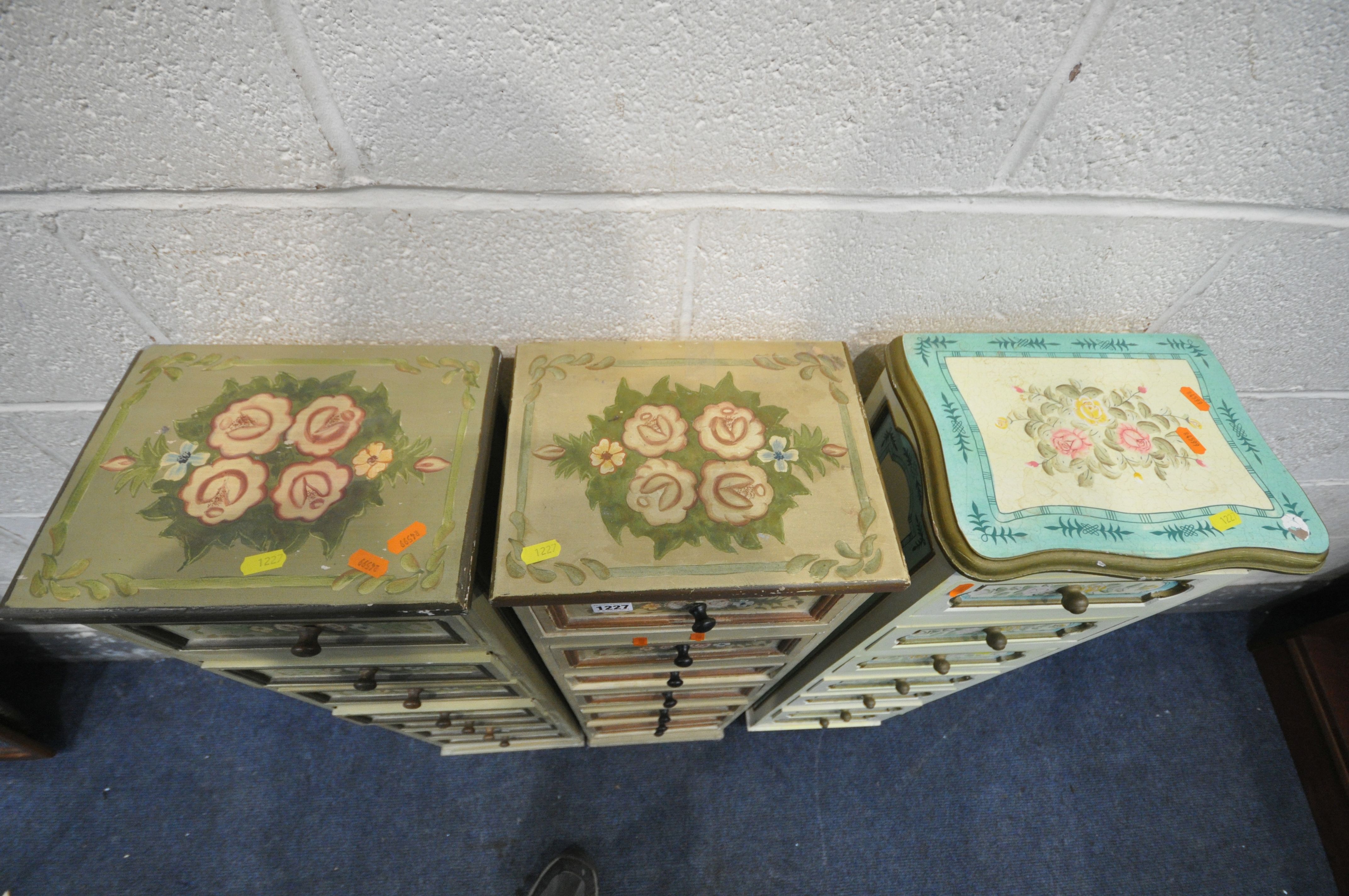 THREE FLORALLY PAINTED TALL SLIM CHEST OF SEVEN DRAWERS, width 28cm x depth 22cm x height 97cm ( - Image 5 of 5