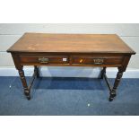 AN EDWARDIAN WALNUT SIDE TABLE, with two drawers, width 107cm x depth 48cm x height 66cm (