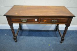 AN EDWARDIAN WALNUT SIDE TABLE, with two drawers, width 107cm x depth 48cm x height 66cm (