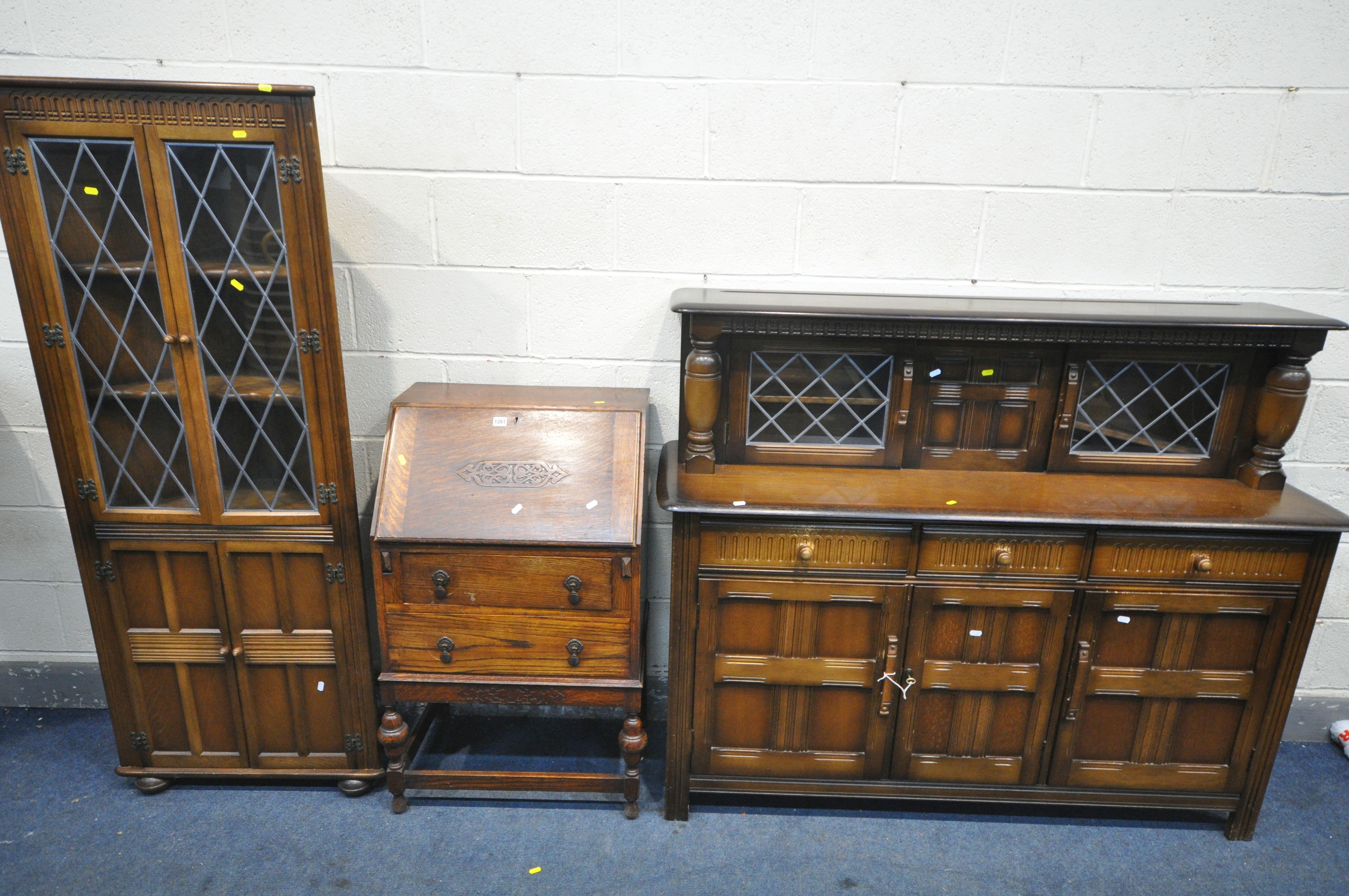 A PRIORY OAK COURT CUPBOARD, width 153cm x 46cm x height 127cm along with a glazed corner