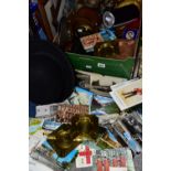 A BOX AND LOOSE SUNDRY ITEMS ETC, to include an Aristos of London bowler hat in good condition