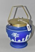 A WEDGWOOD BLUE DIPPED JASPERWARE BISCUIT BARREL, of shaped footed form, having a plated lid, handle