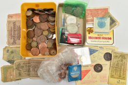 A SMALL PLASTIC TUB CONTAINING WORLD COINS AND A FEW DISTRESSED BANKNOTES