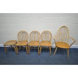 FIVE VARIOUS ERCOL DINING CHAIRS, to include an elm and beech quacker back armchair, four kitchen