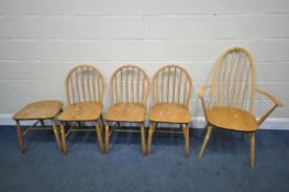 FIVE VARIOUS ERCOL DINING CHAIRS, to include an elm and beech quacker back armchair, four kitchen