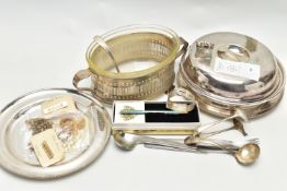 A SELECTION OF MAINLY TABLEWARE AND JEWELLERY, to include two stainless steel forks, two spoons