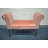 A PINK UPHOLSTERED WINDOW SEAT, with scrolled end, on turned legs, length 108cm (condition:-this
