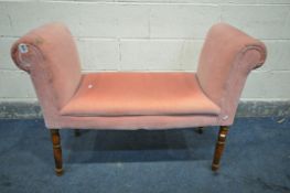 A PINK UPHOLSTERED WINDOW SEAT, with scrolled end, on turned legs, length 108cm (condition:-this