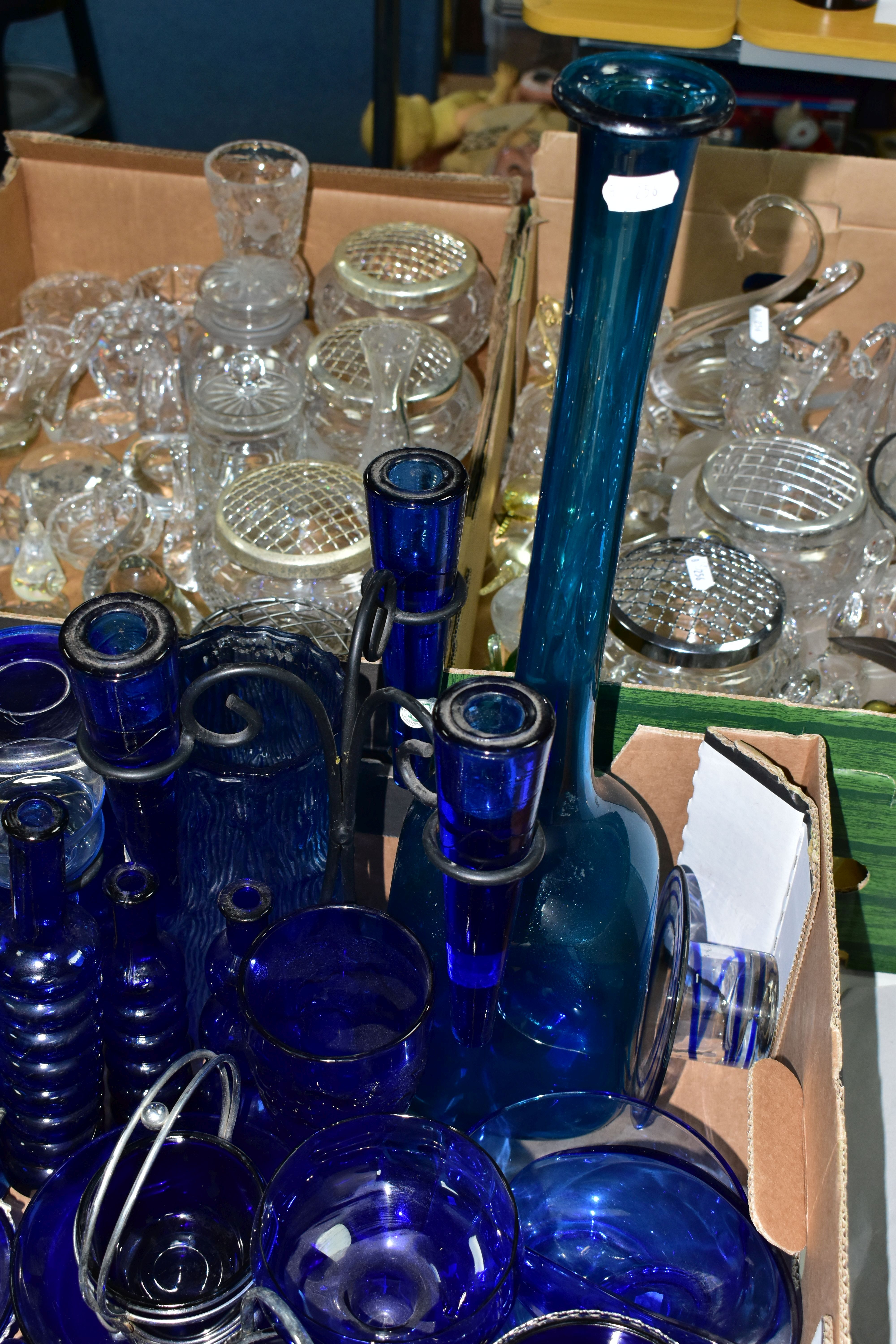 THREE BOXES OF GLASSWARES, to include a box of blue glass containing bottles, vases tallest 50. - Image 4 of 7