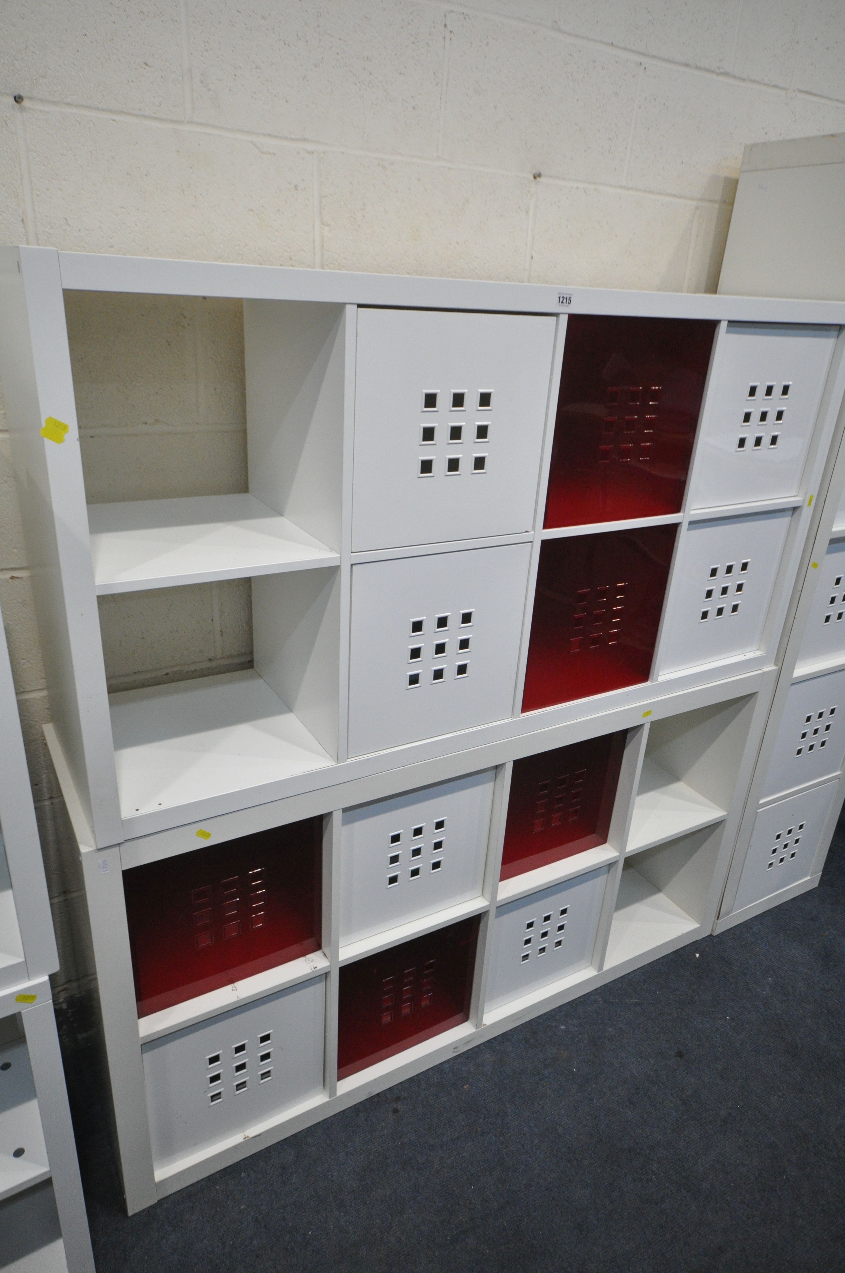 TWO WHITE FINISH STORAGE SHELVES, with a total of twelve plastic boxes, along with a similar five - Image 3 of 3