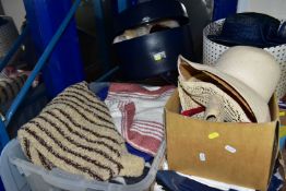 FOUR BOXES AND LOOSE LADIES' HATS, HAT BOXES, SCARVES AND CLOTHING, to include a selection of