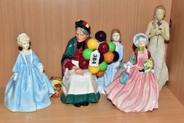 FIVE FIGURINES, comprising Royal Doulton 'The Old Balloon Seller' HN1315 (crazing), and Honey HN1909