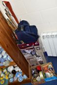 THREE BOXES OF FISHING EQUIPMENT, to include vintage floats, hooks, bait tins, crabbing lines,