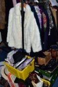 SIX BOXES AND LOOSE CLOTHES AND ACCESSORIES, to include a tan leather jacket size M, a suede