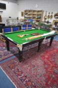 A LATE 19TH CENTURY SLATE BED SNOOKER TABLE, on six turned legs, overall length 257cm x depth