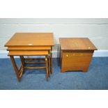 A MID CENTURY TEAK NEST OF THREE TABLES, and a teak finish storage box (condition:-fluid stains) (