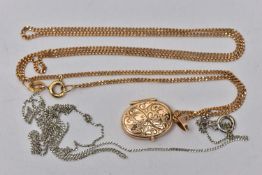 A PENDANT NECKLACE AND A CHAIN, an oval locket pendant decorated with a floral pattern, opens to