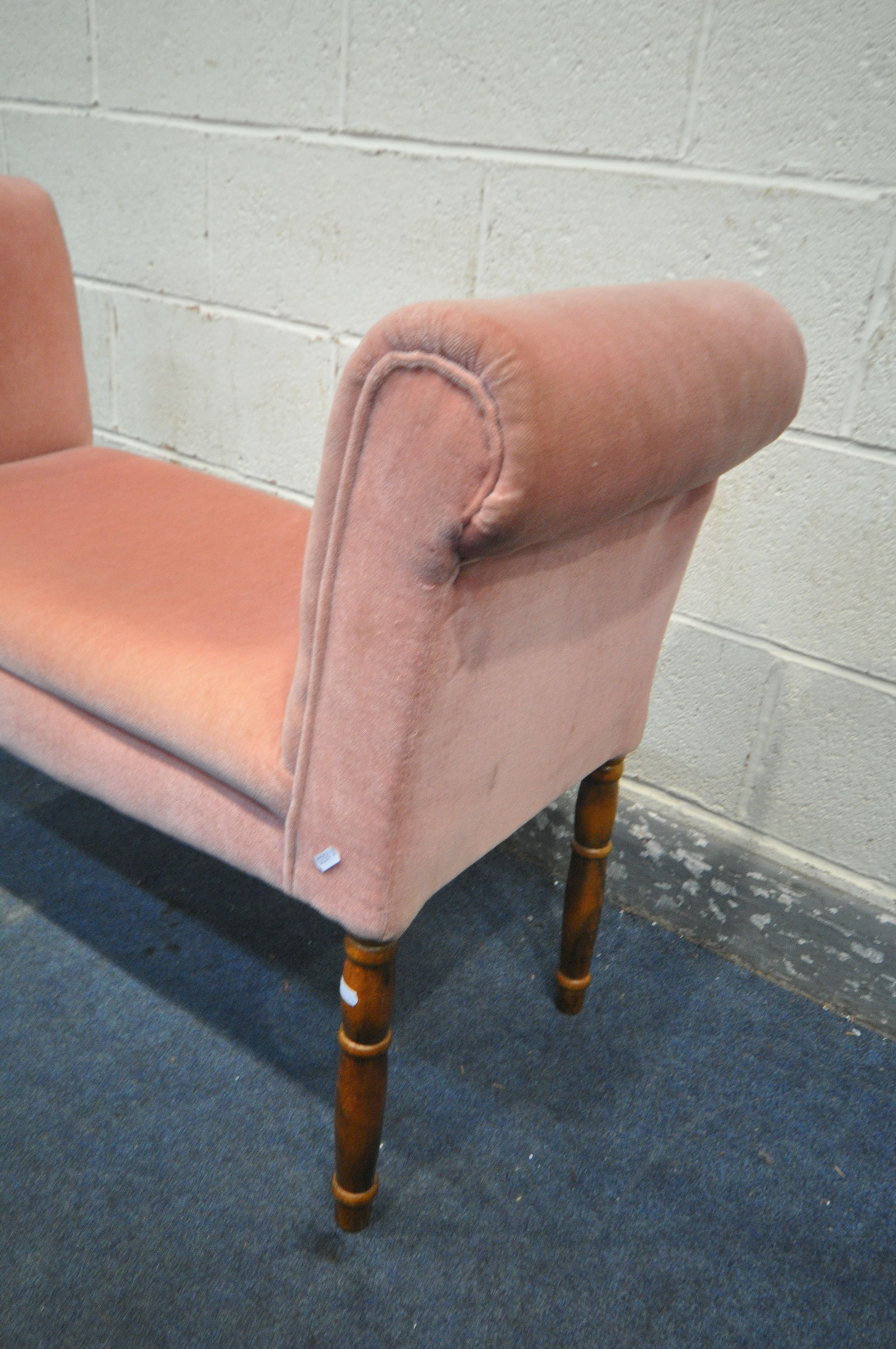 A PINK UPHOLSTERED WINDOW SEAT, with scrolled end, on turned legs, length 108cm (condition:-this - Image 2 of 2