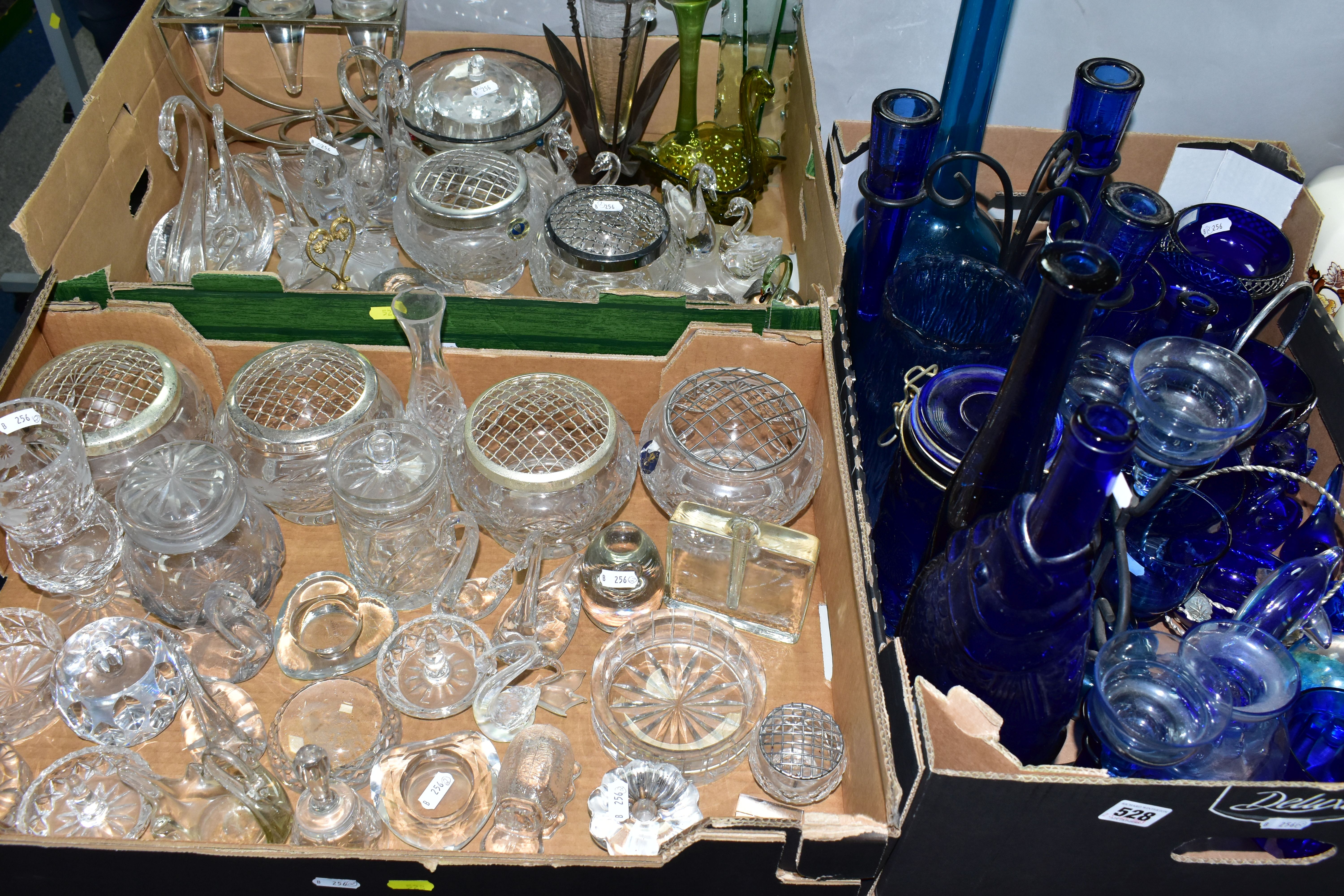 THREE BOXES OF GLASSWARES, to include a box of blue glass containing bottles, vases tallest 50.