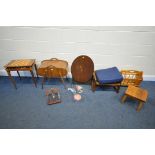 A SELECTION OF OCCASIONAL FURNITURE, to include a mid-century teak tambour sewing box, containing