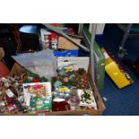 TWO BOXES OF CHRISTMAS THEMED DECORATIONS ETC, to include boxed baubles, boxed crackers, wooden