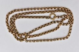 A YELLOW METAL BELCHER CHAIN, approximate length 500mm, fitted with a spring clasp, stamped 9ct,
