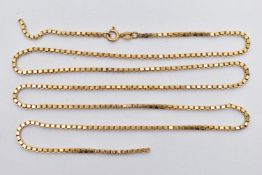 A 9CT GOLD BOX LINK CHAIN, (AF) broken box link chain, fitted with a spring clasp, hallmarked 9ct