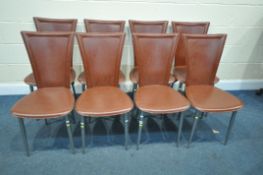 A SET OF EIGHT BROWN LEATHERETTE METAL FRAMED CHAIRS, on tubular legs