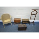 A MAHOGANY VALET STAND, along with a small oak storage chest, drop leaf occasional table,