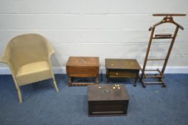 A MAHOGANY VALET STAND, along with a small oak storage chest, drop leaf occasional table,