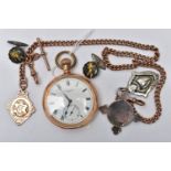 A 9CT GOLD ALBERT CHAIN, AND A GOLD PLATED POCKET WATCH WITH FOB MEDALS, rose gold albert chain,