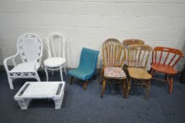 A SELECTION OF CHAIRS, to include four spindle back chairs, a bow top chair, two painted chairs, a