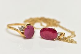 A RUBY RING AND PENDANT, the pendant set with an oval cut ruby accented with a single round