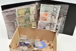 AN ALBUM OF MAINLY UK COINAGE, to include Sterling banknotes £38, pre 1947 silver and old round £1