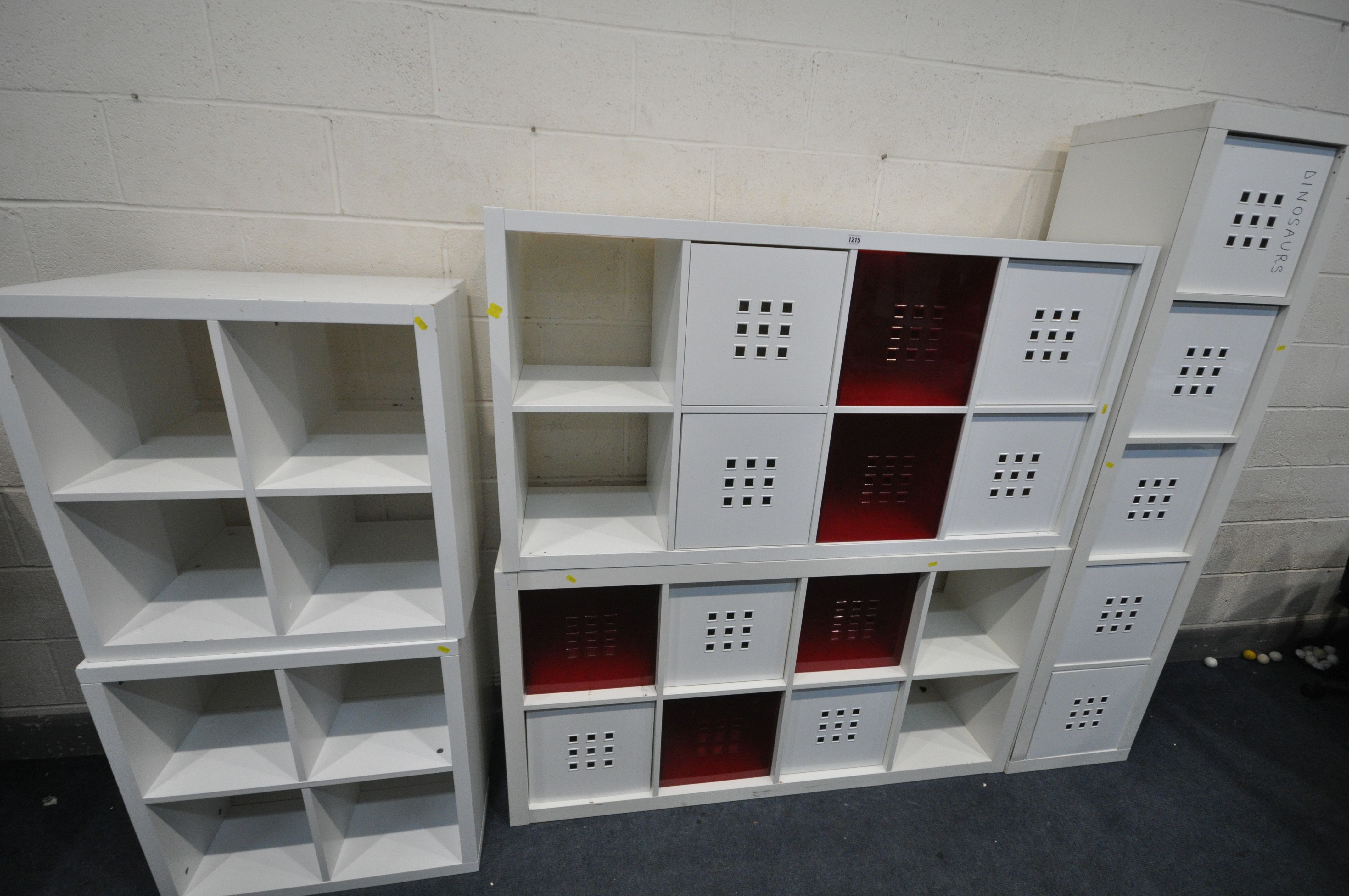 TWO WHITE FINISH STORAGE SHELVES, with a total of twelve plastic boxes, along with a similar five